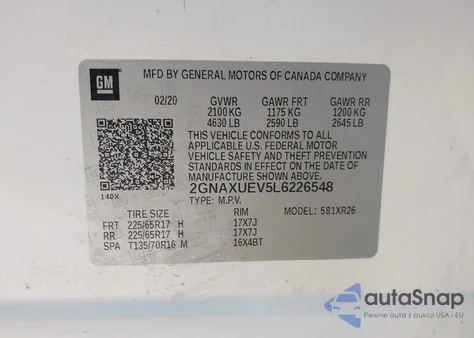 2020 Chevrolet Equinox Awd Lt 1.5L Turbo z USA, uszkodzony, nr VIN 2GNAXUEV5L6226548